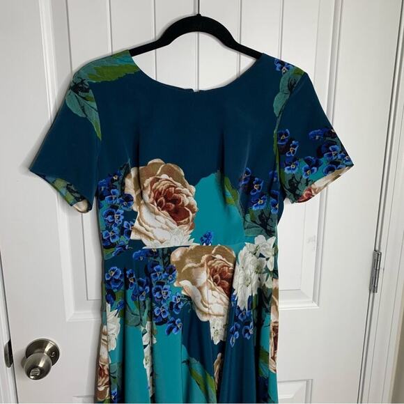 Anthropologie Corey Lynn Calter‎ floral pleated teal fit n flare dress size 6 - Picture 4 of 7